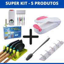 Kit com Dispenser pasta de dente, Mini Seladora de Sacos Escova Lavar Mamadeiras Suporte de Talher e Cabide Adesivo