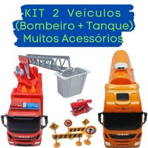 Kit Com Dois Brinquedos - 1 Caminhão De Bombeiros Com Acessórios + 1 Caminhão Tanque