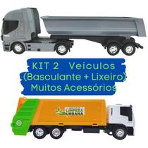 Kit Com Dois Caminhões Em Miniatura - 1 Coletor De Lixo + 1 Basculante Brinquedo Infantil