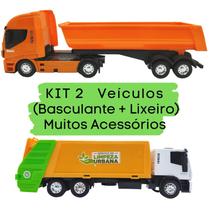 Kit Com Dois Caminhões Em Miniatura - 1 Coletor De Lixo + 1 Basculante Brinquedo Infantil