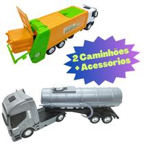 Kit Com Dois Caminhões Em Miniatura - 1 Coletor De Lixo + 1 Tanque Brinquedo Infantil