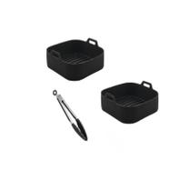 Kit com Dois Forros para Air Fryer Quadrada 21cm e 1 Pinça Multiuso de 25cm em Silicone Preto - UnyHome Kit com Dois Forros para Air Fryer Quadrada 21cm e 1 Pinça Multiuso de 25cm em Silicone Preto - UnyHome