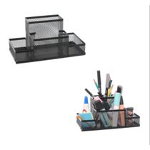 Kit com dois organizadores telado metal porta treco cartao escritorio tesoura lapis caneta preto