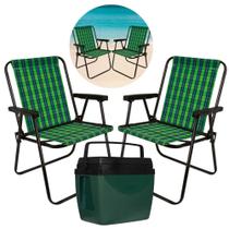 Kit com Duas Cadeiras de Praia Xadrez Verde + Cooler 34 L Mor
