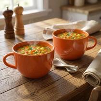 Kit Com Duas Canecas De Porcelana Jumbo Sopas Caldos 450ml