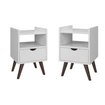 Kit Com Duas Mesas De Cabeceira Quarto Retrô Com Nicho e 1 Gaveta Classic Decor Branco G2 Plus