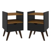 Kit Com Duas Mesas De Cabeceira Quarto Retrô Com Nicho e 1 Gaveta Classic Decor Preto Com Freijó G2 Plus