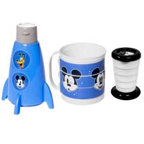 Kit com Garrafinha Foguete Caneca Giratória + Copo Retrátil Mickey