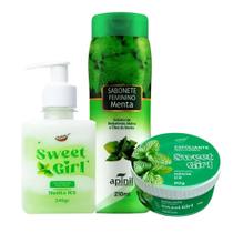 Kit com Hidratante Gel Sweet Girl Esfoliante Sweet Girl e Sabonete Íntimo de Menta Kit com Hidratante Gel Sweet Girl Esfoliante Sweet Girl e Sabonete Íntimo de Menta