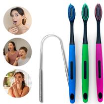 Kit Com Limpador De Língua Aço Inox Reutilizável E Escova De Dente Macia Kit Com Limpador De Língua Aço Inox Reutilizável E Escova De Dente Macia