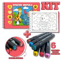 KIT com Livro de Colorir Amazing Animais + 6 Canetas Touch Pontas Duplas Sortidas