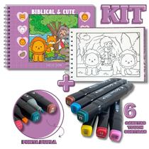 KIT com Livro de Colorir Bíblico Biblical e Cute + 6 Canetas Touch Pontas Duplas Sortidas KIT com Livro de Colorir Bíblico Biblical e Cute + 6 Canetas Touch Pontas Duplas Sortidas