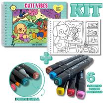 KIT com Livro de Colorir Comfy Goods - Cute Vibes + 6 Canetas Touch Pontas Duplas Sortidas
