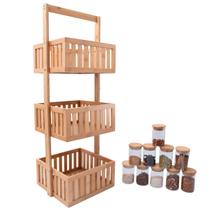 Kit com organizador multiuso ripado 3 andares e 10 potes de vidro com tampa de bambu 250ml- Oikos