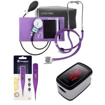 kit com Oxímetro esfigmomanômetro esteto duplo e termômetro Roxo p.a med