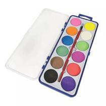 Kit com paleta de tintas aquarela contém 12 cores e 1 pincel material escolar de arte - Filó Modas