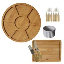 Kit Com Petisqueira 7 Divisórias + Ramequim 100ML + Faca + Espátula + 6 Garfinhos Inox + Mini Tábua