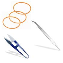 kit com Pinça curva com pescador / kit 3 correias para overloque / Tesoura de arremate tecelão