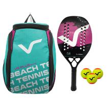 Kit com Raquete Beach Tennis Classic Full Carbon Rosa, 3 Bolas e 1 Mochila de Transporte VG Plus