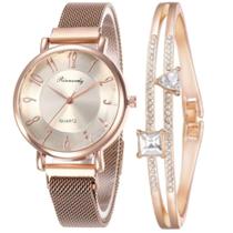 Kit com Relógio Feminino com Pulseira Magnética e Bracelete com Strass Kit com Relógio Feminino com Pulseira Magnética e Bracelete com Strass