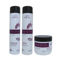 Kit com shampoo, condicionador e máscara da linha Acqua Uva Vegano - marca AcquaRara Cosméticos
