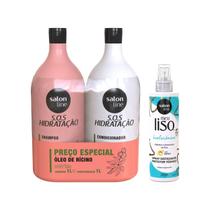 Kit com Shampoo e Condicionador Litrão SOS Hidratação + Spray Protetor Térmico Meu Liso Salon Line