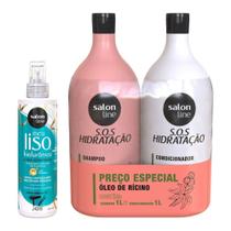 Kit com Shampoo e Condicionador Litrão SOS Hidratação + Spray Protetor Térmico Meu Liso Salon Line