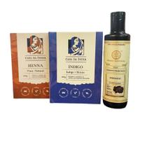 Kit com uma Henna Pura, Henna com Índigo e Shampoo Khadi de Shikakai