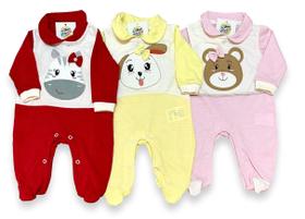 Kit Combo 3 Macacão Bebê Menina Longo Zebra Urso Dog Atacado