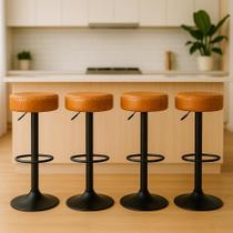 Kit Combo 4 Banquetas Altas Estofado Para Cozinha Bancada Luxo Viena Caramelo Base De Aço Costura Em Linho Ajustável