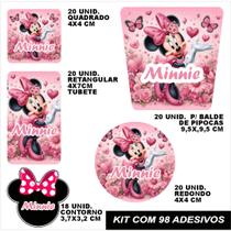 Kit combo festa infantil 98 peças personalizado minnie rosa adesivo tag etiqueta lembrancinha balde