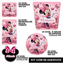 Kit combo festa infantil 98 peças personalizado minnie rosa adesivo tag etiqueta lembrancinha balde