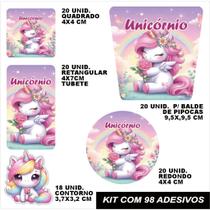 Kit combo festa infantil 98 peças personalizado unicornio adesivo tag etiqueta lembrancinha balde de