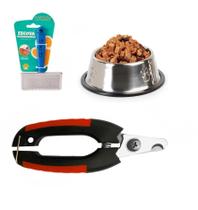 Kit Comedouro Inox Alicate Unha pet e Rasqueadeira Cao Gato