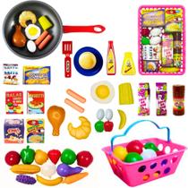 Kit Comidinhas de Brinquedo Cestinha de Frutas e Legumes Mini Mercadinho E Frigideira Kit 47 Peças - Pica Pau