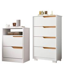 Kit Cômoda 4 Gavetas e Mesa de Cabeceira Sara 2 Gavetas Flex Branco/Freijó Kit Cômoda 4 Gavetas e Mesa de Cabeceira Sara 2 Gavetas Flex Branco/Freijó