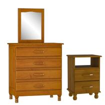 Kit Cômoda com Espelho e Mesa de Cabeceira 100% Madeira Maciça Imbuia Brilho