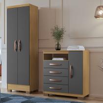 Kit Cômoda Sapateira 1 Porta 4 Gavetas Com Multiuso Funcional 2 Portas Carvalho Grafite Clique Chique