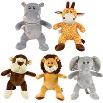 Kit Completo 5 Pelúcias Safari 30cm Presente Decoração De Nicho Elefante Girafa Hipopótamo Leão Macaco Deluxe Brinquedo
