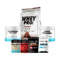Kit Completo 7 Itens Whey 900g Creatina 100 Pura 300g Seca Dia e Noite Testo e Testo Dilated Suplemento em pó 300g