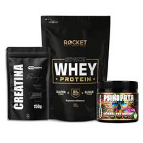 Kit Completo Academia Whey Protein Rocket, Creatina e Pré Treino Psikopata Energia