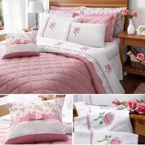 Kit completo Athena 11 peças cobre leito + jogo de lençol bordado flor em algodão cama casal queen