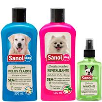 kit completo banho cães: Shampoo para Cães Pelos Claros + Condicionador Revitalizante + Perfume colônia Machos - Sanol D