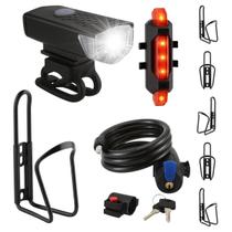 Kit Completo Bike Farol E Sinalizador USB + Suporte Porta Garrafa + Cadeado Segurança Kit Completo Bike Farol E Sinalizador USB + Suporte Porta Garrafa + Cadeado Segurança