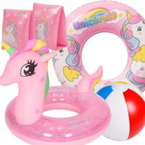 Kit Completo Boia De Piscina Fofura Unicórnio Boia De Braço Boia Cintura Verão Ferias Praia Criança Brinquedo Com Brinde