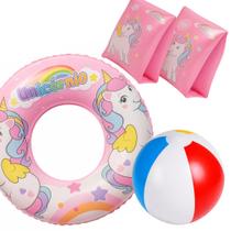 Kit Completo Boia De Piscina Fofura Unicórnio Boia De Braço Boia De Cintura Verão Ferias Praia Criança Brinquedo