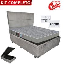 Kit completo cama box baú cinza casal 138x188 + colchão castor d33 18cm + cabeceira rubi + 2 travesseiros