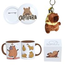 Kit Completo Capivara Caneca Estampada, Botton 4,4cm, Pelúcia de Capivara e Caixa Personalizada