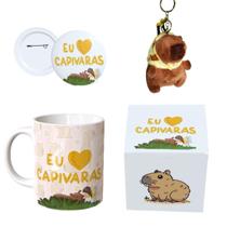 Kit Completo Capivara Caneca Estampada, Botton 4,4cm, Pelúcia de Capivara e Caixa Personalizada