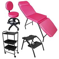 Kit Completo Clínica Estética Maca 3 Posições, Mocho com Encostoe Aro, Escada 2 degraus e Carrinho Auxilixar Estofado Pink Estru. Preta Forty